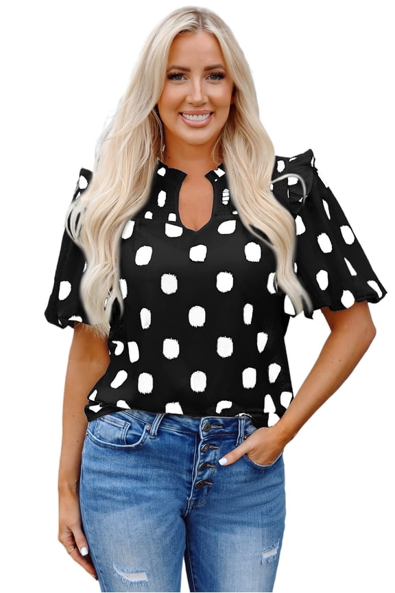 Stylish Summer Top: Balloon Sleeve Blouse with Polka Dot Pattern and Shirred Details - [ZhiHiMeRi] | (US 4-6)S