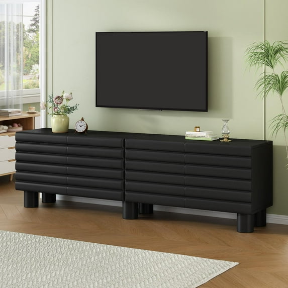 Stylish TV Stand with Wavy Doors for 75 Inch TV, 70.8 Inch TV Cabinet with 4 Cabinets, Adjustable Shelves, Cable Holes and Cylindrical Legs for Living Room, Black