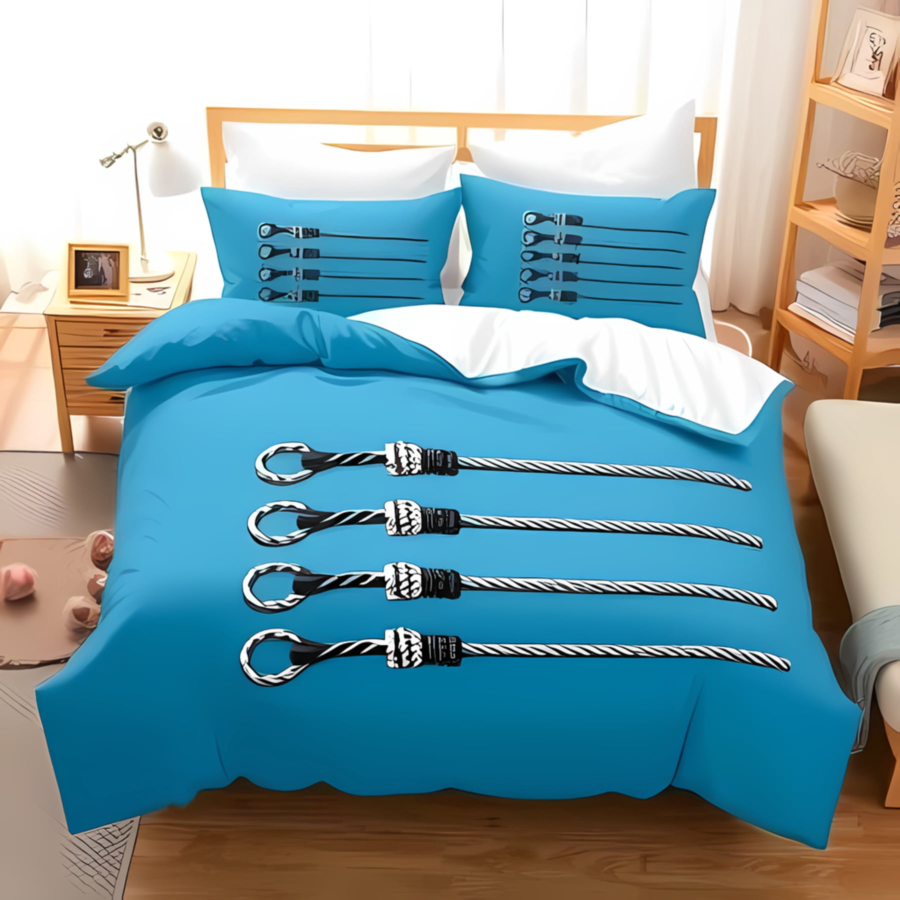 Stylish Teal-Blue Bedding Set with Rope Design & Matching Pillows ...
