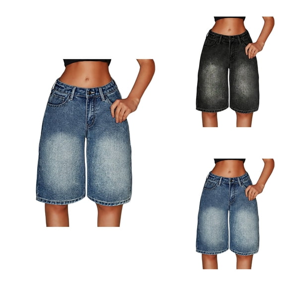 Stylish Teen Girls Denim Shorts, High Waist Comfortable Stretch, Casual Summer Fashion, Youth Streetwear, Bermuda Baggy Y2K Knee Length, 12-16 Years