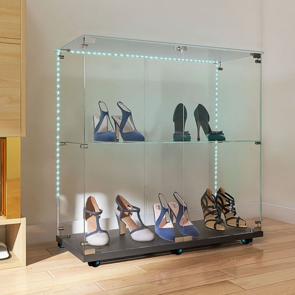 Stylish Tempered Glass Display Cabinet With Bluetooth LED Light Strip And Lockable Casters For Versatile Storage
