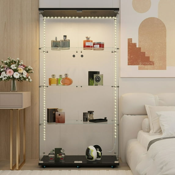 Stylish Tempered Glass Display Cabinet With Bluetooth LED Light Strip And Lockable Casters For Versatile Storage