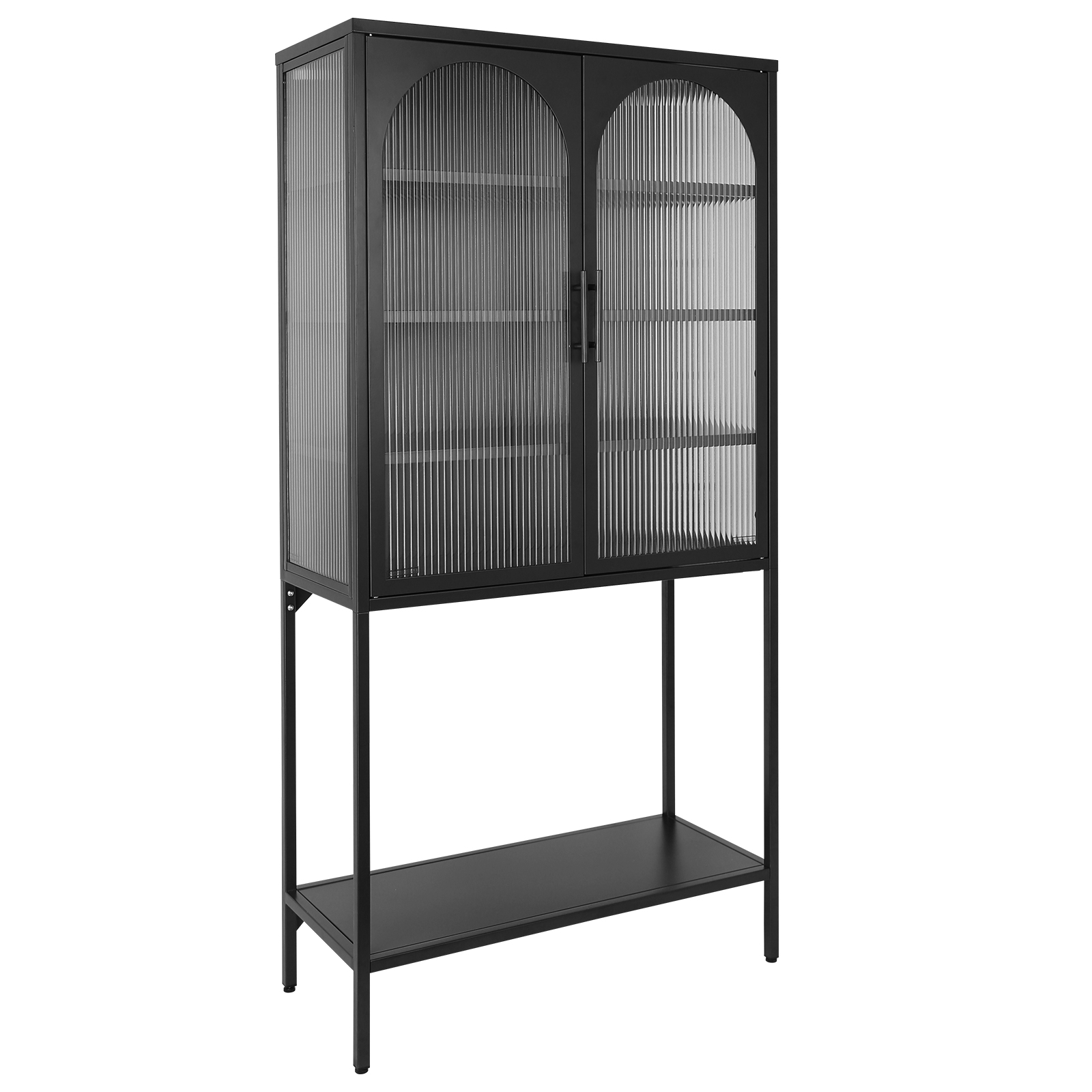 Stylish Tempered Glass Tall Storage with 2 Arched Doors Adjustable Shelves and open