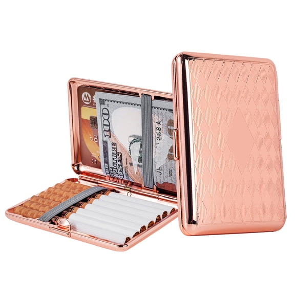Stylish Thin Metal Cigarette Case-84mm King Size 14 pcs Capacity , RFID Credit Card Protective Case (Rose）