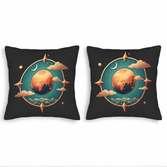 Stylish Throw Pillow Covers 18x18in Set of 2 - Earth Clouds & Stars Design for Couch Bed Car Decor