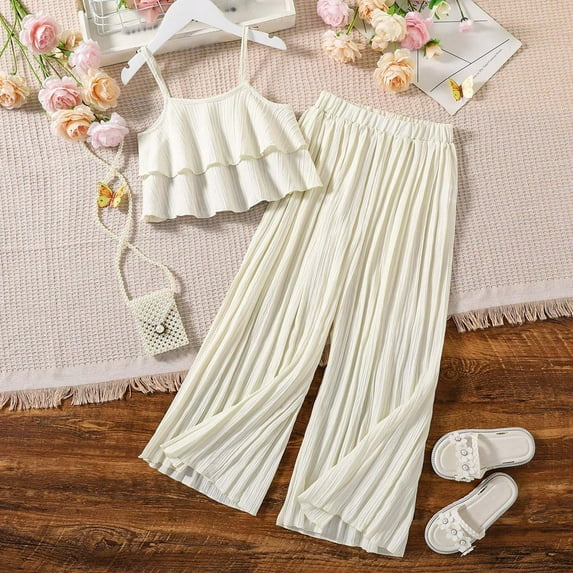 Stylish Toddler Girl Summer Outfits - Ruffle Tops and Wide Leg Pants Kids Clothing Set for Elegant