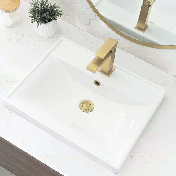 Stylish 20 ¼" White Porcelain Top Mount Rectangular Bathroom Sink with 2 Overflow Rings P-210H
