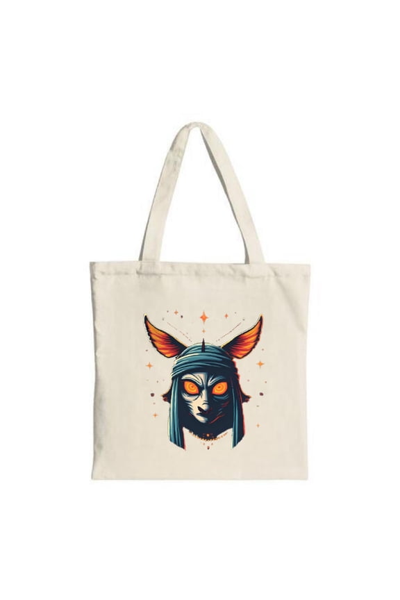 Stylish Tote Bag featuring a vibrant fox in a blue headscarf with glowing orange eyes and star accents perfect for shopping and travel