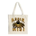 thumbnail image 1 of Stylish Tote Bag with ' ASEIR MISI ' in bold yellow - orange featuring a sun and mountains design with a dark backdrop, 1 of 4