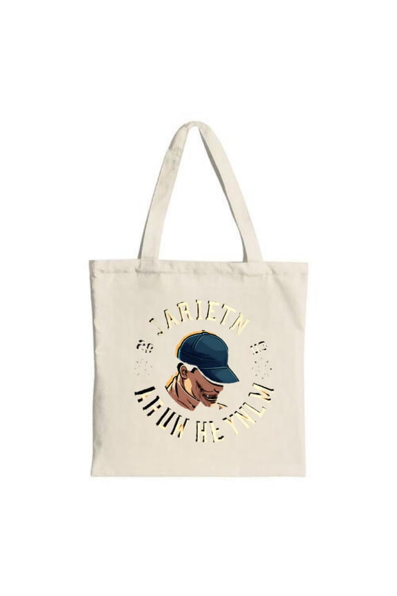 Stylish Tote Bag with Beige Background Featuring a Profile Illustration of a Person in a Blue Cap Text ' ARJEN ' & ' RUM HIJU '