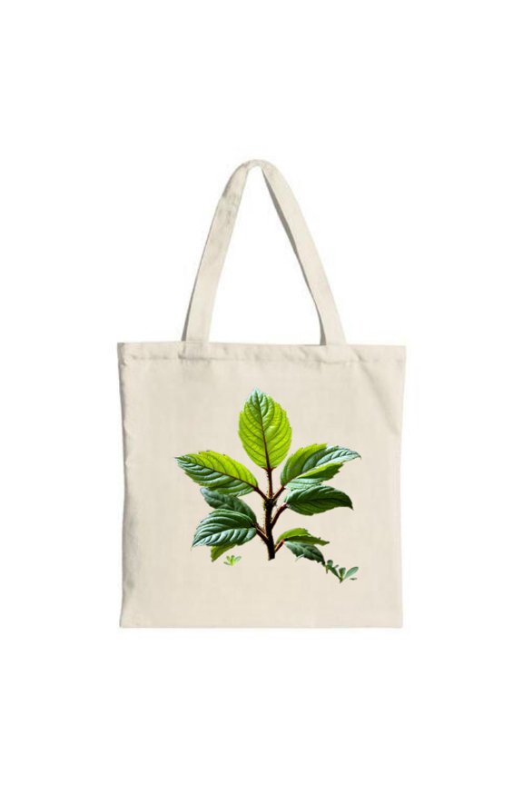 Stylish Tote Bag with Botanical Illustration: Green Leaves & Brown Stem on Light Fabric Perfect for Shopping Travel & Parties