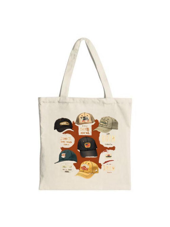 Stylish Tote Bag with Circular Hat Design in Black Brown and Beige on Brownish - Orange Background; Perfect for Shopping and Travel