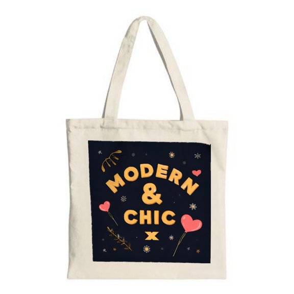Stylish Tote Bag with Dark Background Bold ' MODERN & CHIC ' Text Decorative Hearts Stars and Leaves in Pink and Gold Perfect for Any Occasion