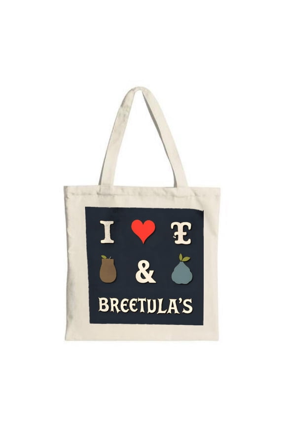 Stylish Tote Bag with Dark Background Cream Handle " I ❤ E & BREEUTULA ' S " Design Red Heart & Pear - Perfect for Shopping & Travel