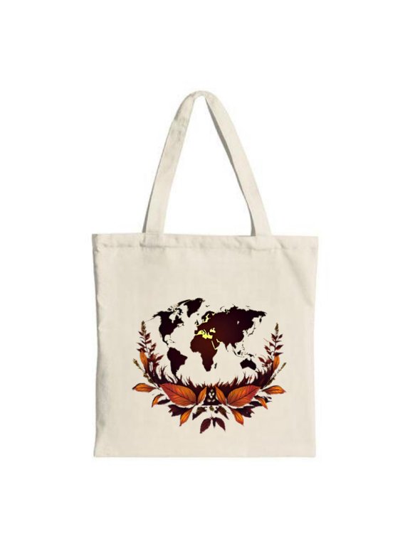 Stylish Tote Bag with Dark Brown & Yellow World Map Design Surrounded by Autumn Leaves in Orange & Red - Perfect for Shopping & Travel