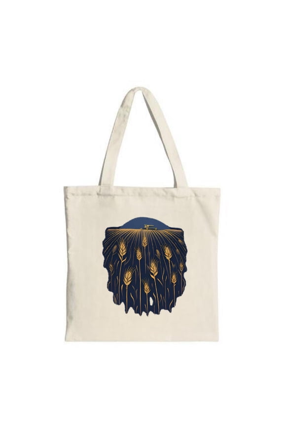 Stylish Tote Bag with Elegant Golden Wheat Stalks on Deep Navy Blue - Perfect for Shopping Travel and Parties