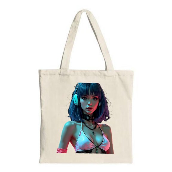 Stylish Tote Bag with Futuristic Female Character Design - Blue Hair Confident Look Perfect for Shopping Travel & Parties