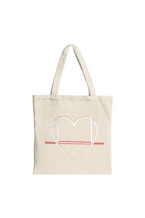 Stylish Tote Bag with Heart & Bridge Design White & Pink Outline Perfect for Shopping Travel and Parties - Eco-Friendly Canvas