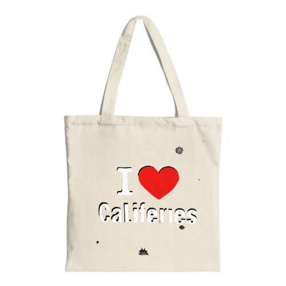 Stylish Tote Bag with " I ❤️ Calfreses " in bold white on light beige accented with black ink splatters Perfect for shopping and travel