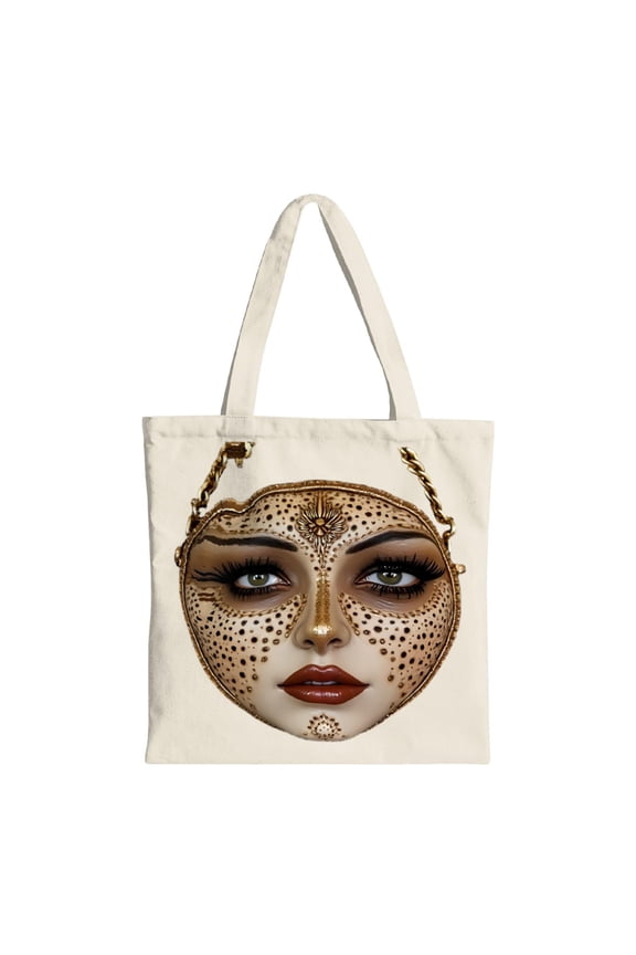Stylish Tote Bag with Intricate Animal Spot Face Design Green Eyes & Burgundy Lips - Perfect for Shopping Travel & Parties