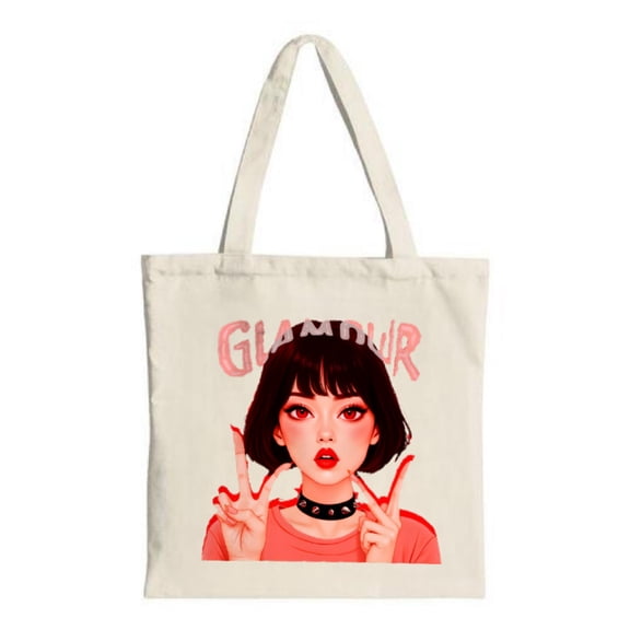 Stylish Tote Bag with Pop - Art Design: Young Woman with Short Black Hair Red Pink Top & Bold ' GLADOUR ' Text - Perfect for Shopping