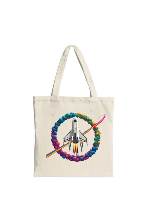 Colorful Space Shuttle Tote Bag - Vibrant Design with Rainbow & Multicolored Spheres Perfect for Shopping & Travel