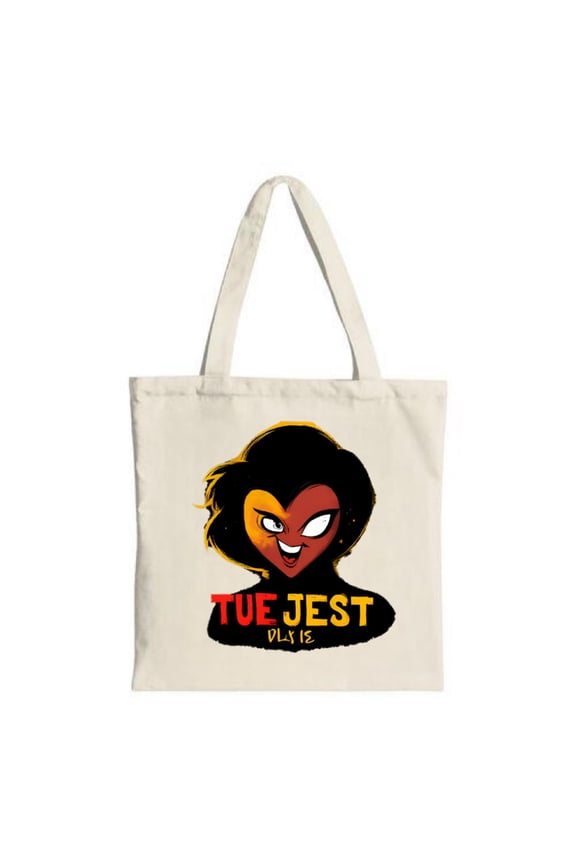 Stylish Tote Bag with Smiling Face Design Heart Outline and Bold ' TUE JEST DLY IS ' Text - Perfect for Shopping Travel and Parties