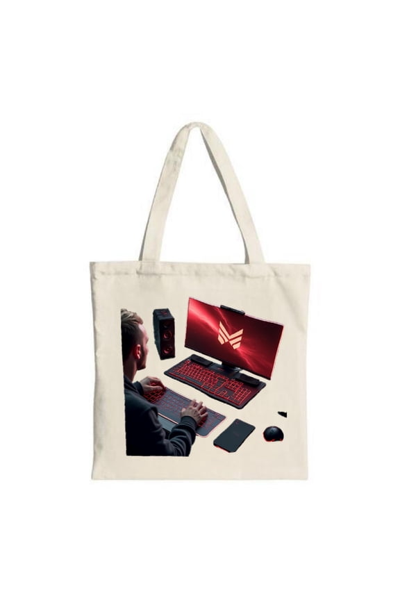 Stylish Tote Bag with Tech-Inspired Design: Features a vibrant gamer at a computer perfect for shopping travel and parties