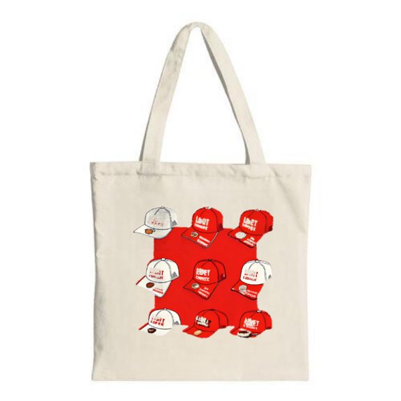 Stylish Tote Bag with a fun pattern of red and white caps and hats on a light beige background perfect for shopping travel and parties