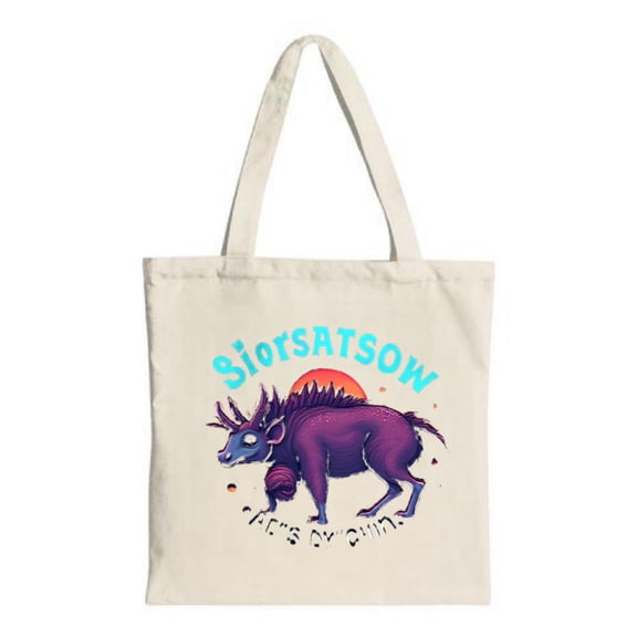 Stylish Tote Bag with a mythical purple creature against a sunset featuring whimsical text and perfect for shopping travel and parties