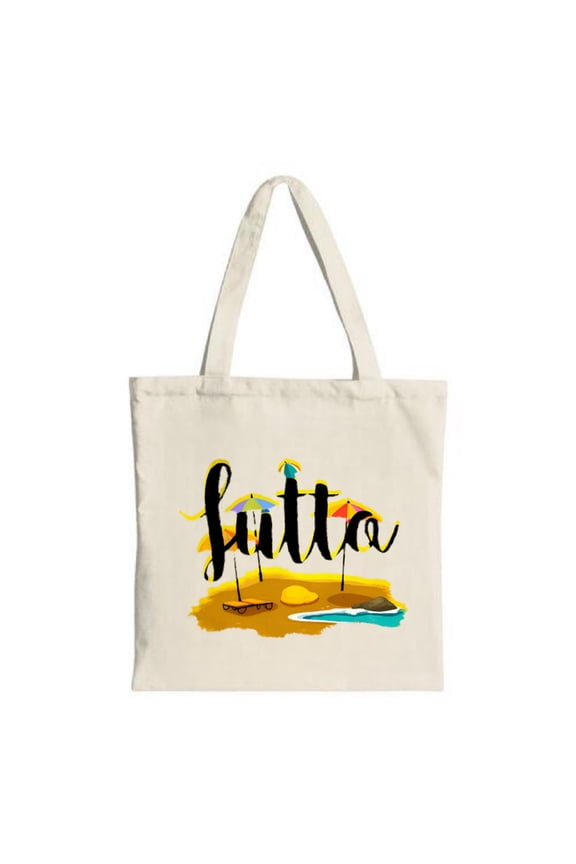 Stylish Tote Bag with ' littla ' in cursive featuring a vibrant beach scene with umbrellas a boat and a sunny sky - perfect for summer fun
