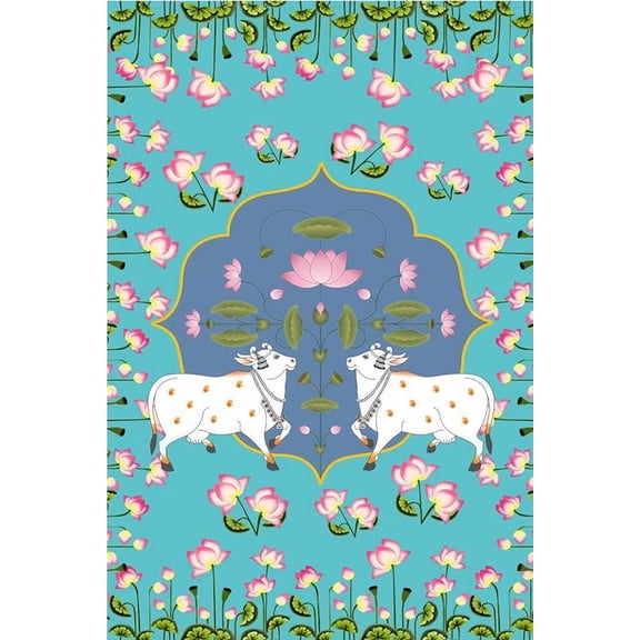 Stylish Traditional 2 Dhenu with Flowers Backdrop Cloth | for Pooja Decoration Traditional Background Curtain Cloth | 8 Feet Height & 5 Feet Width