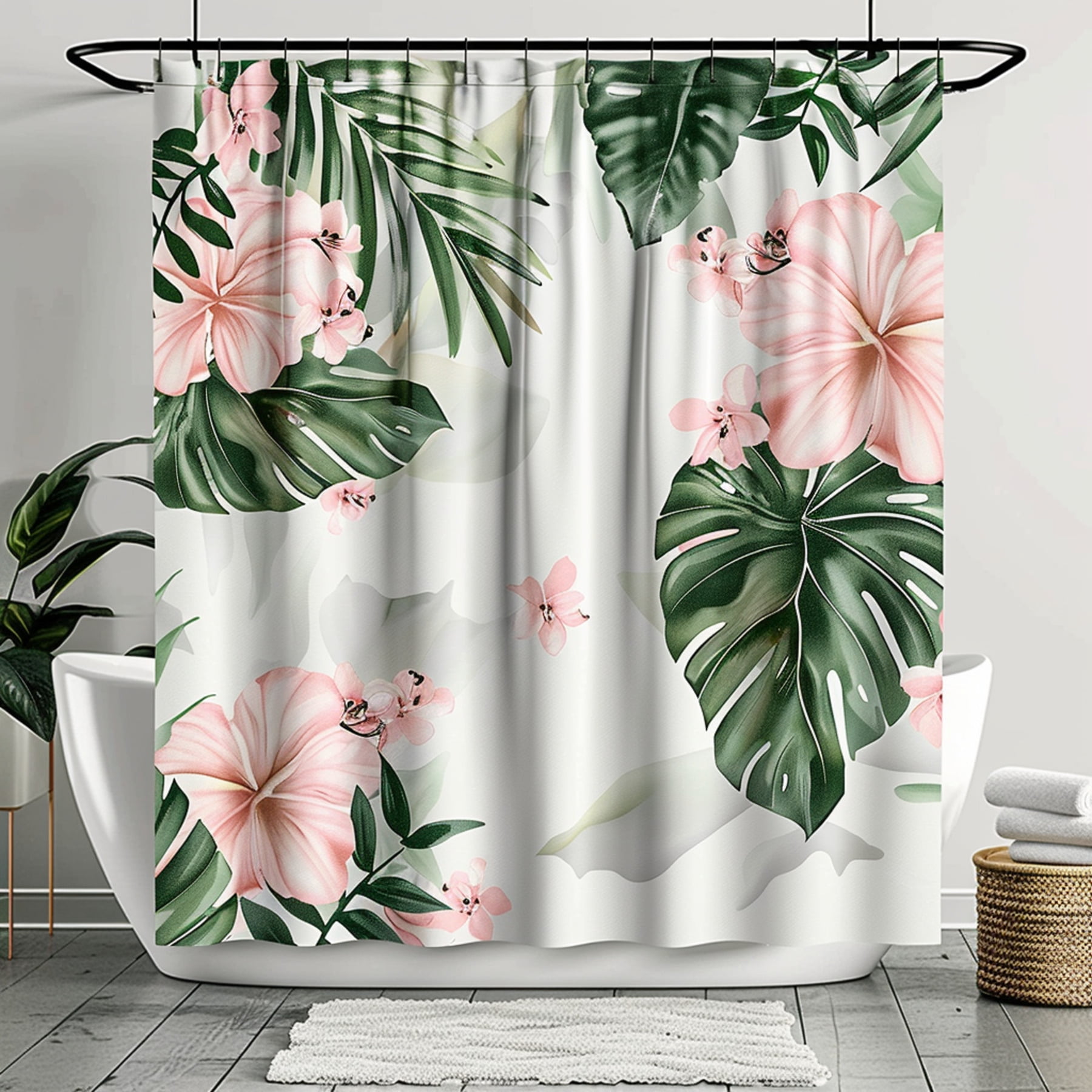 Stylish Tropical Pink Flowers and Green Floral Palm Leaves Shower ...