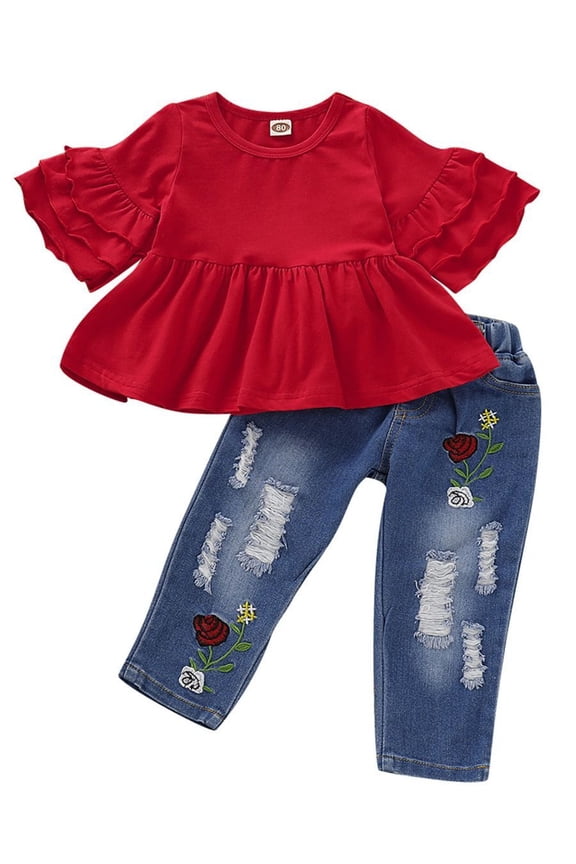 Stylish Tunic With Flower Ripped Jeans