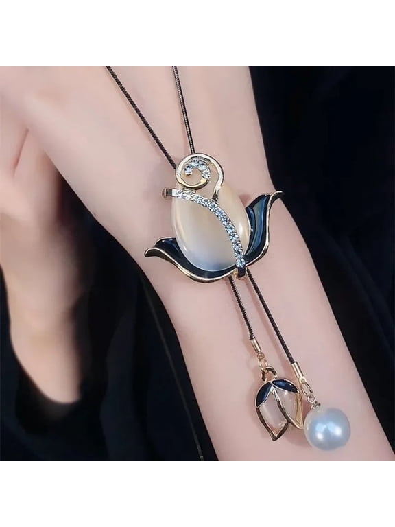 Stylish Champagne Tulip Flower Long Sweater Chain Tassel Summer Statement Necklace Women Charm Fashion Jewelry
