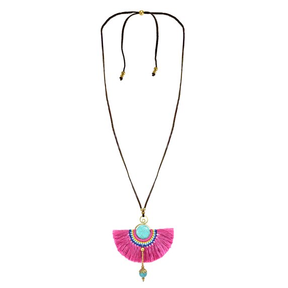 Stylish Turquoise with Pink Fan Tassel Long Statement Necklace