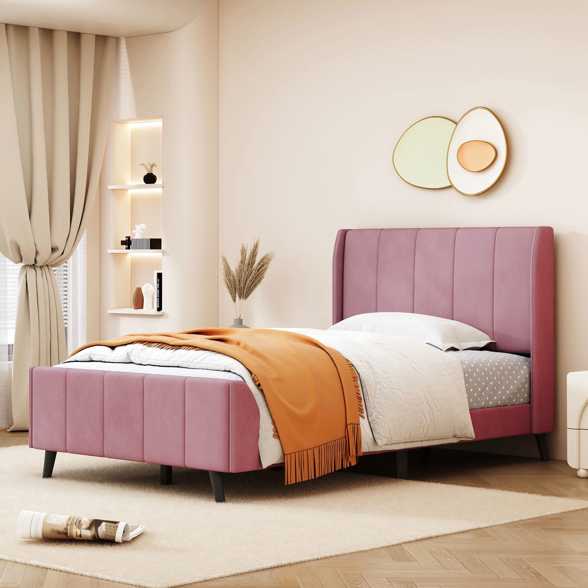 Stylish Twin Upholstered Bed In Pink Velvet With Functional Headboard ...