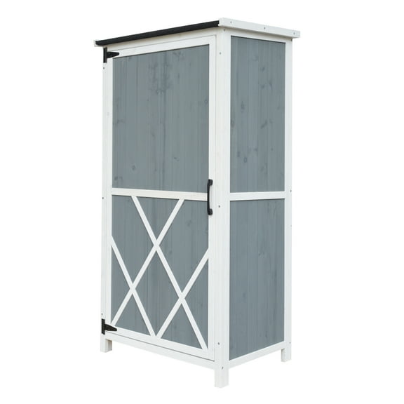 Stylish Two-Tone Gray and White Storage Shed with Sloped Roof, 5 Customizable Compartments Ideal for Garden and Backyard Storage