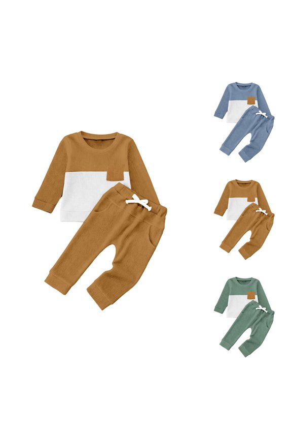 Stylish Two Tone Long Sleeve Crewneck Pullover And Pants Outfit For Toddler And Little Boys Comfortable Casual Playwear