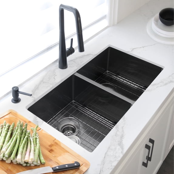 Stylish Undermount 32" Graphite Black Double Bowl Kitchen Sink with Grids & Strainers S-701XN