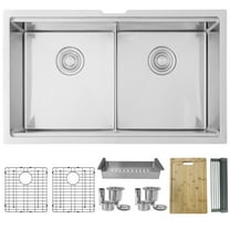 Stylish Undermount 32" Stainless Steel Double Bowl Kitchen Sink with 7 Accessories S-601W