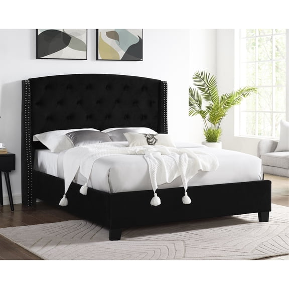 Stylish Upholstered Fabric Bed With Button Tufting, Nailhead Trim And Black Blaze Elegant Tufting Perseverance