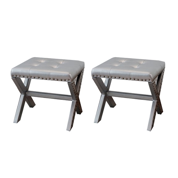 Stylish Vanity Stool Upholstered Chair with Soft Linen Fabric, Nailhead Trim, Tufted Seat and Solid Wood Frame, 17" D x 19" W x 20" H Set of 2, Silver