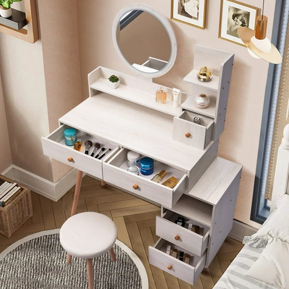 Stylish Vanity Table & Cushioned Stool, Touch Control LED Mirror, Large Capacity Storage Cabinet, 5 Drawers, Fashionable Makeup Furniture, Length Adjustable(L31.5"-43.2"x W15.8" x H48.1") 26403