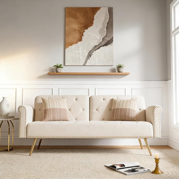 Stylish Velvet Sofa 70" Sofa Sleeper Convertible with Matching Pillows for Living Room,Apartment,Small Spaces (Beige)
