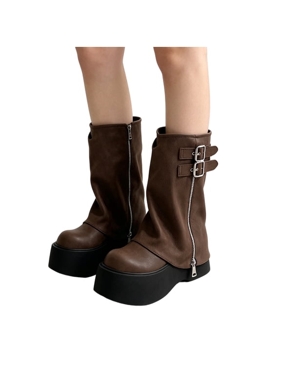 Stylish Versatile Boots with Trouser Leg Design Women’s Fold‑Over Slouchy Platform Mid Calf Boots Double Buckle Side Zip Mid‑Calf Booties