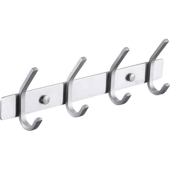 Stylish Wall Mounted Coat Rack, Heavy Duty Dual Hooks Stainless Steel Backing Plate for High Space Efficiency in Bathrooms, Bedrooms (Silver, 4 Hooks)