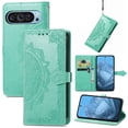 thumbnail image 1 of Stylish Wallet Case for Google Pixel 9a, Floral Embossed PU Leather Magnetic Closure Kickstand Card Slots Wrist Strap Phone Cover for Google Pixel 9a, Green, 1 of 5