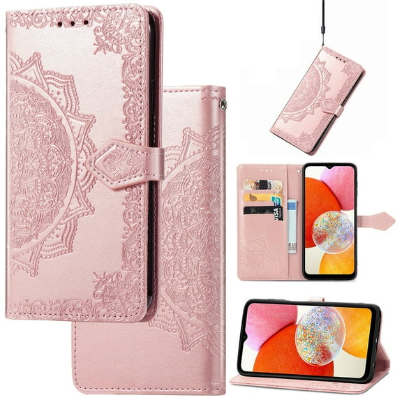 Stylish Wallet Case for Motorola Moto G 5G 2023, Floral Embossed PU Leather Magnetic Closure Kickstand Card Slots Wrist Strap Phone Cover for Motorola Moto G 5G 2023, Rosegold