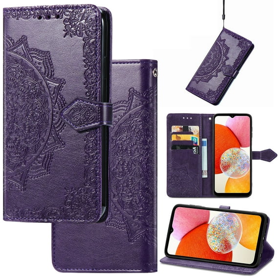 Stylish Wallet Case for Motorola Moto G Play 2023, Floral Embossed PU Leather Magnetic Closure Kickstand Card Slots Wrist Strap Phone Cover for Motorola Moto G Play 2023, Purple